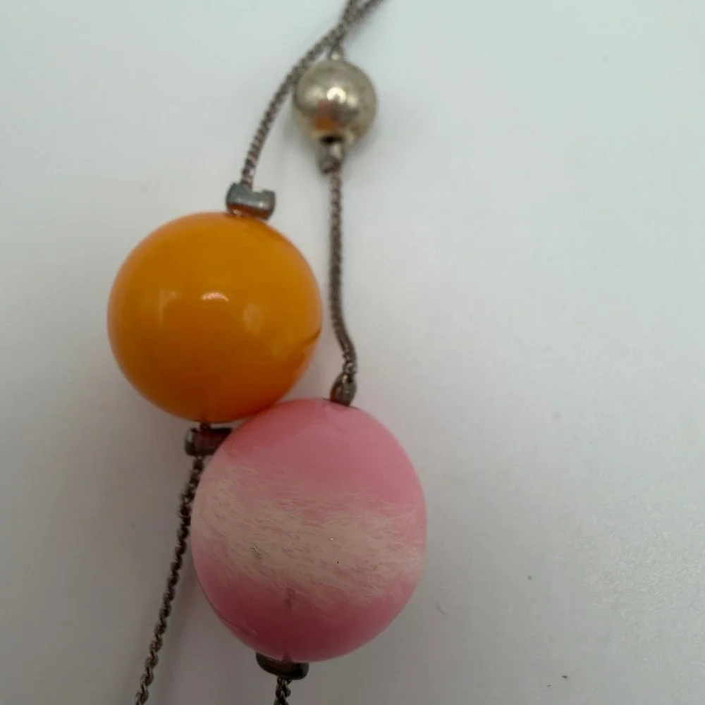 VTG Style Long Station Necklace‎ Multicolor Resin Silver Tone Chain Bakelite*